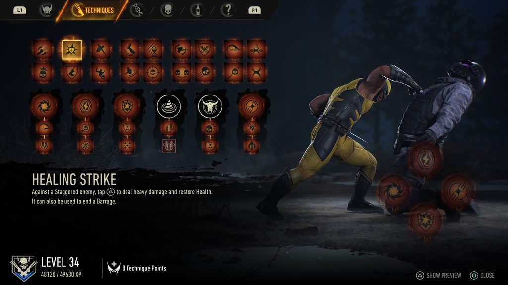 Techniques menu Healing Strike –  Marvel's Wolverine.