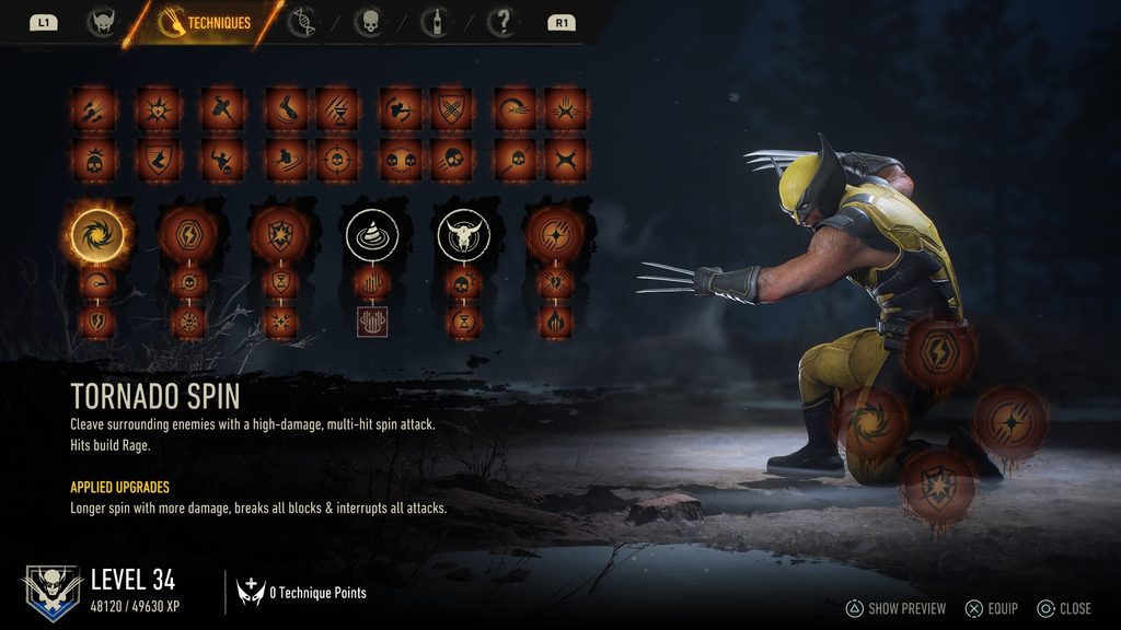 Techniques menu Special Technique Tornado Spin–  Marvel's Wolverine.